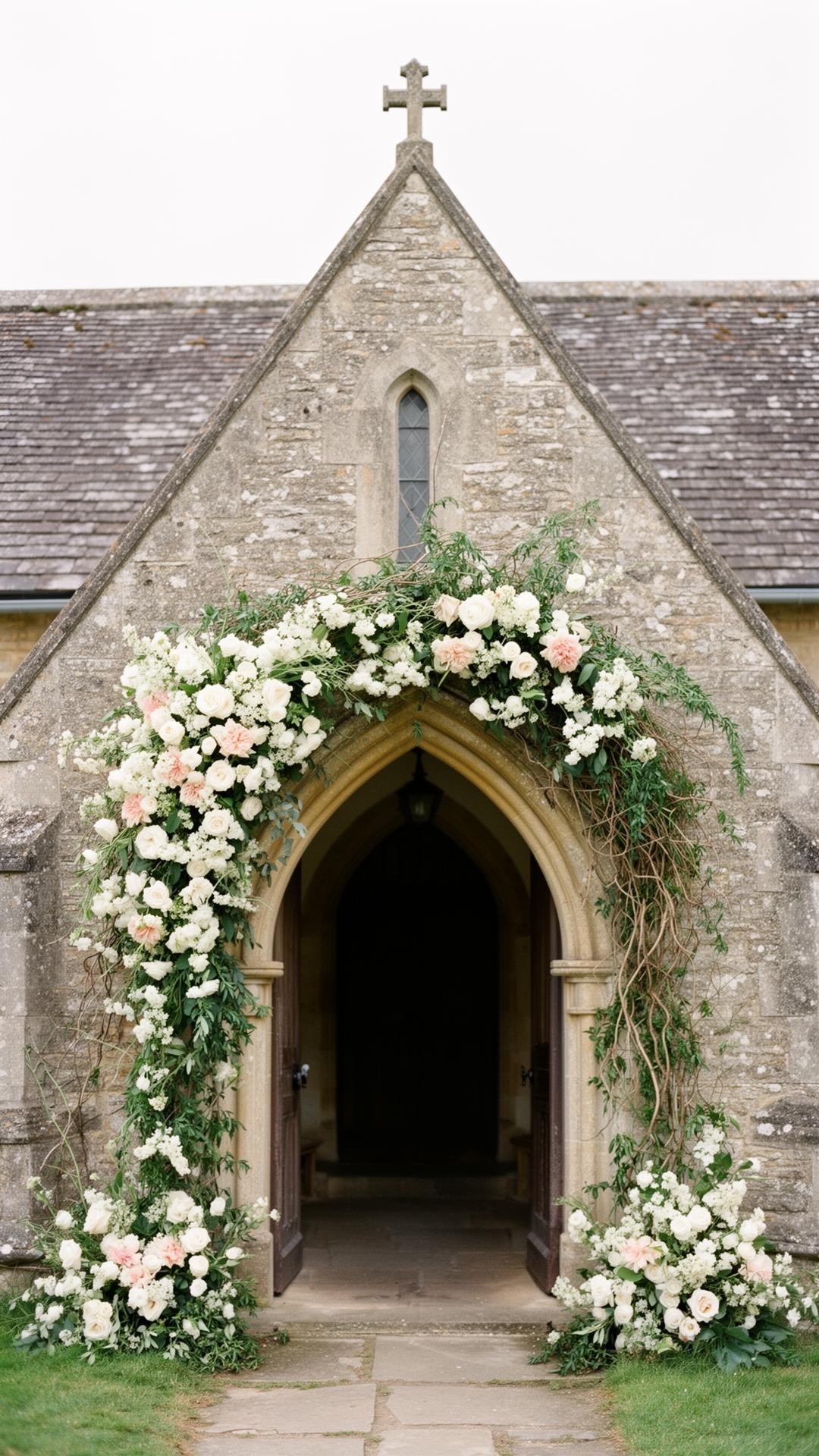 Floral archway over a country church entrance