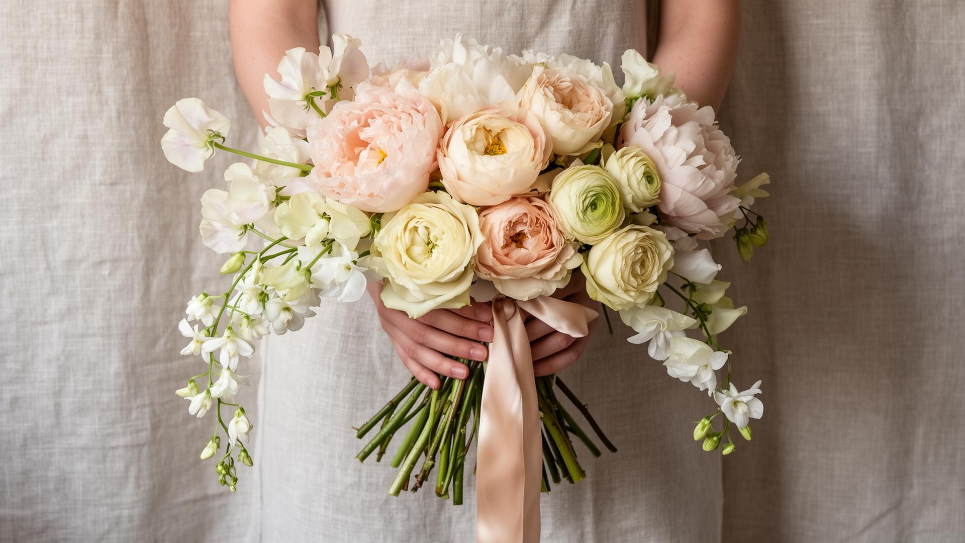 Hand-tied bridal bouquet of peonies, ranunculus and sweet peas