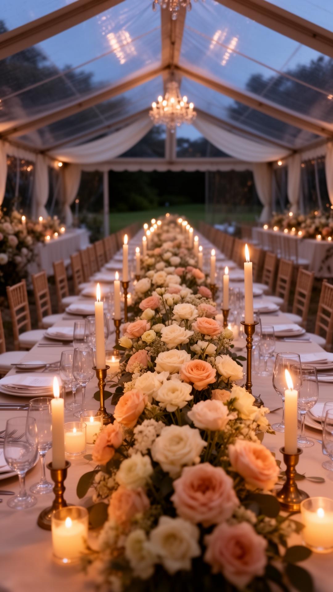 Candlelit marquee banquet table with a floral runner