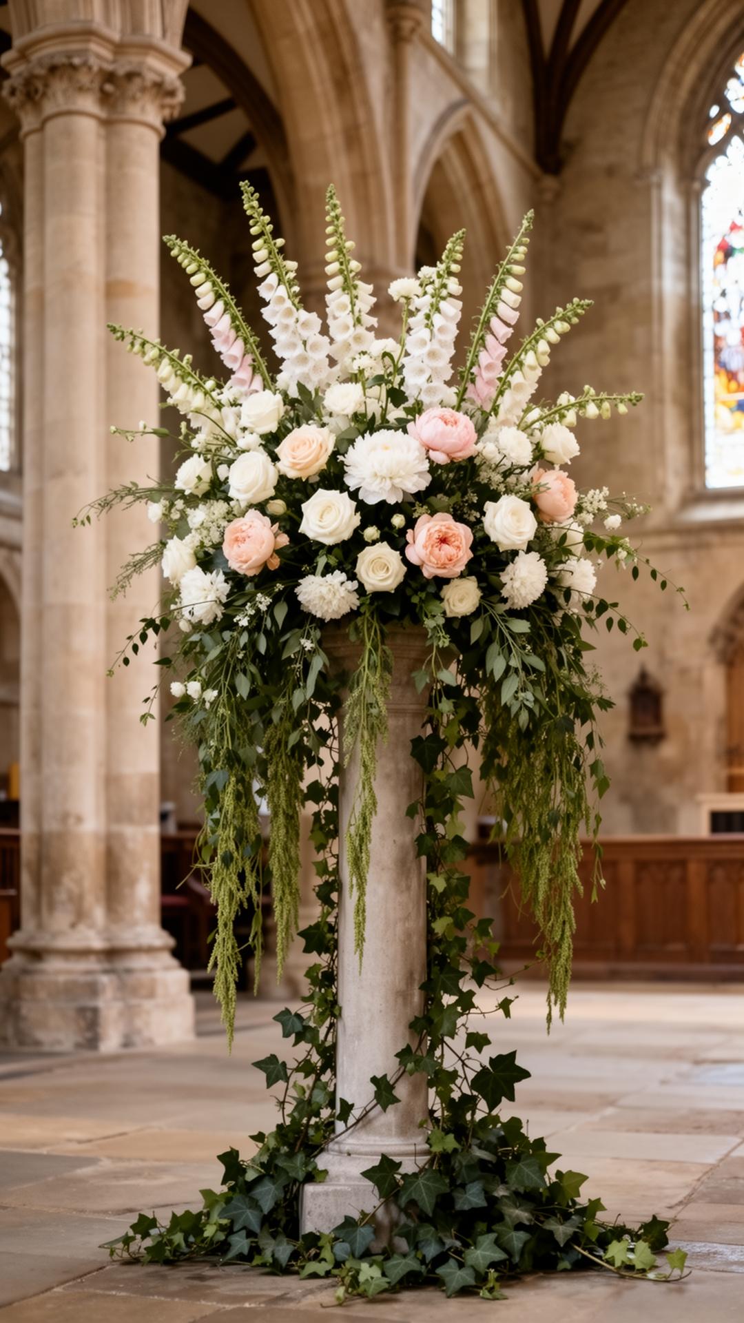 Tall ceremony pedestal arrangement in a stone church